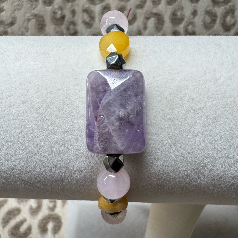 Amethyst- Yellow Calcite- Rose Quartz Natural Crystal Gemstone Stretch Bracelet